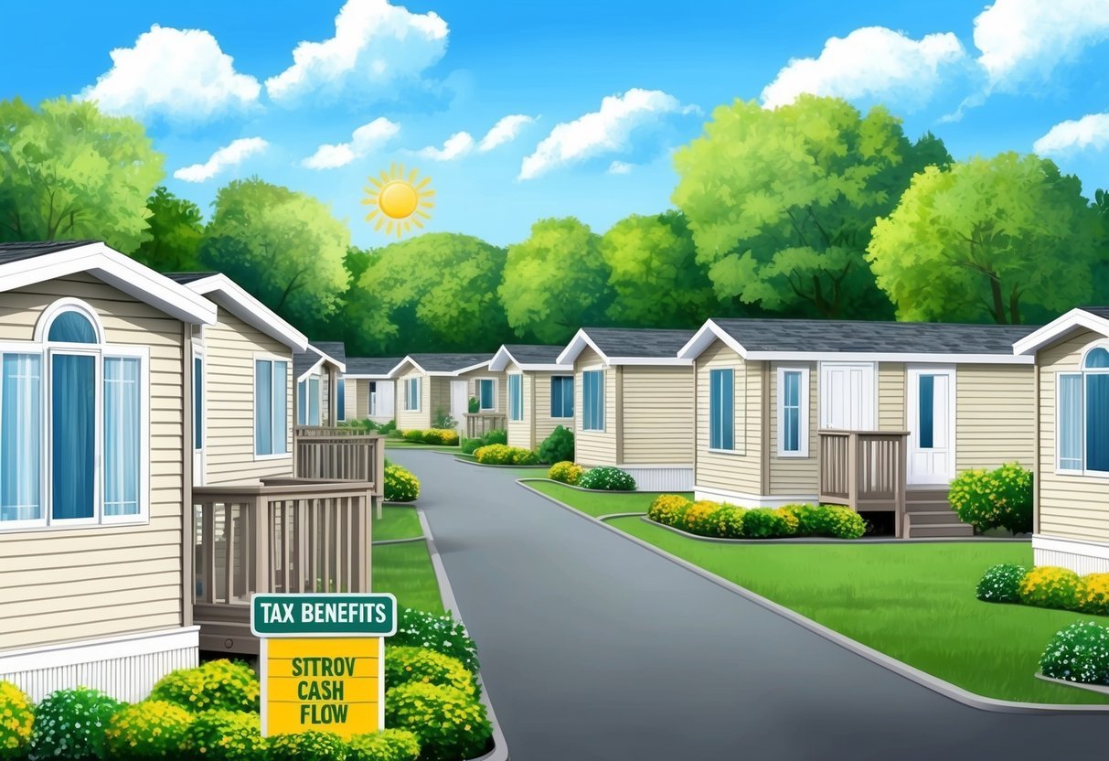 A sunny mobile home park with rows of neatly spaced homes, surrounded by greenery and a clear blue sky, with a sign displaying "Tax Benefits" and "Steady Cash Flow."