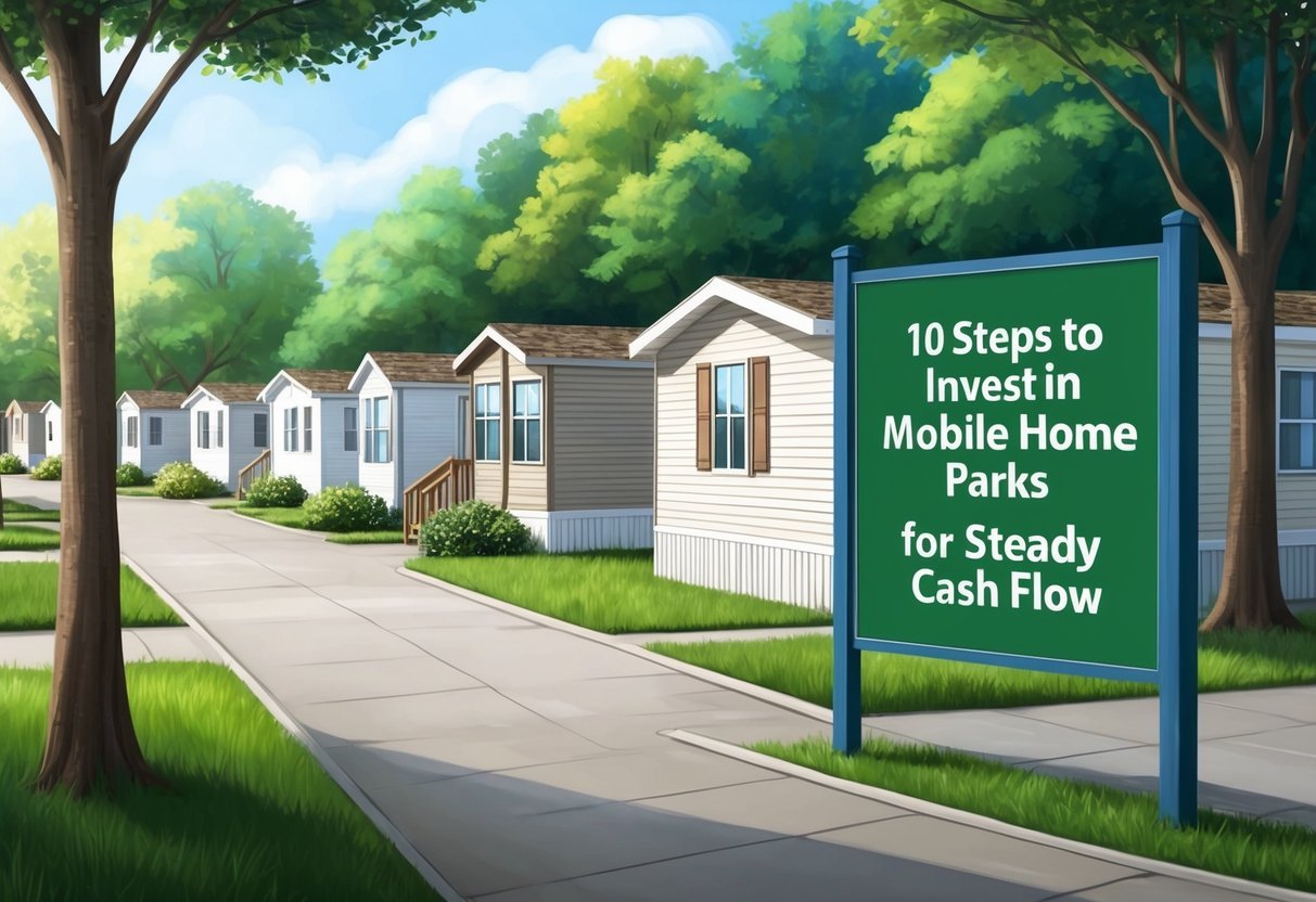 A row of mobile homes nestled among trees, with a sign displaying "10 Steps to Invest in Mobile Home Parks for Steady Cash Flow" in the foreground