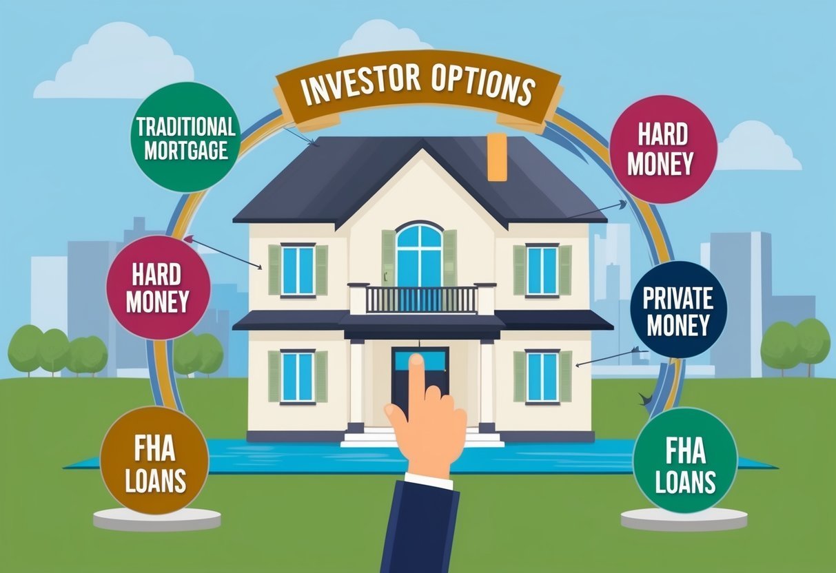 An investor reviewing options: traditional mortgage, hard money, private money, and FHA loans for real estate investment properties