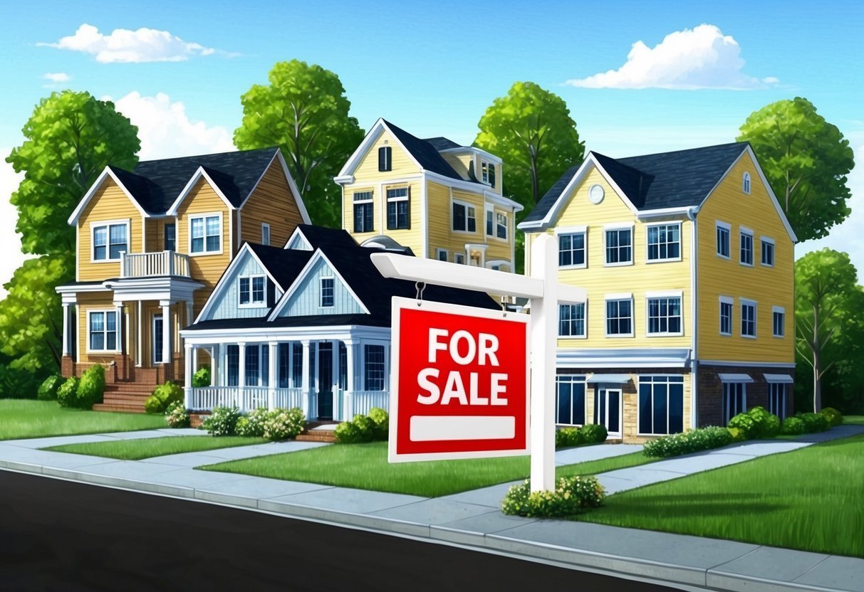 Houses for sale with a red "For Sale" sign in front