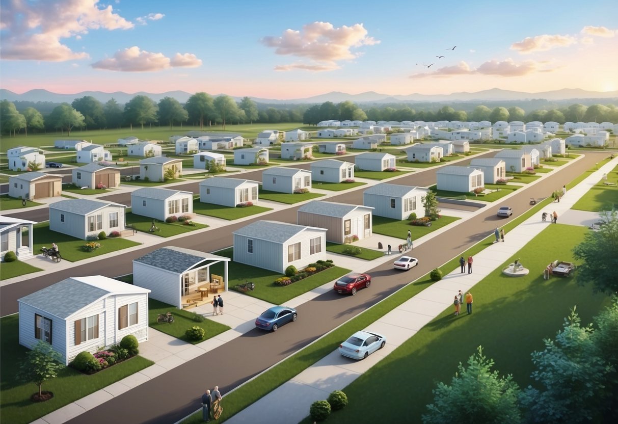 A serene mobile home park with neatly arranged lots, small upgrades in progress, and a steady stream of residents enjoying the community amenities