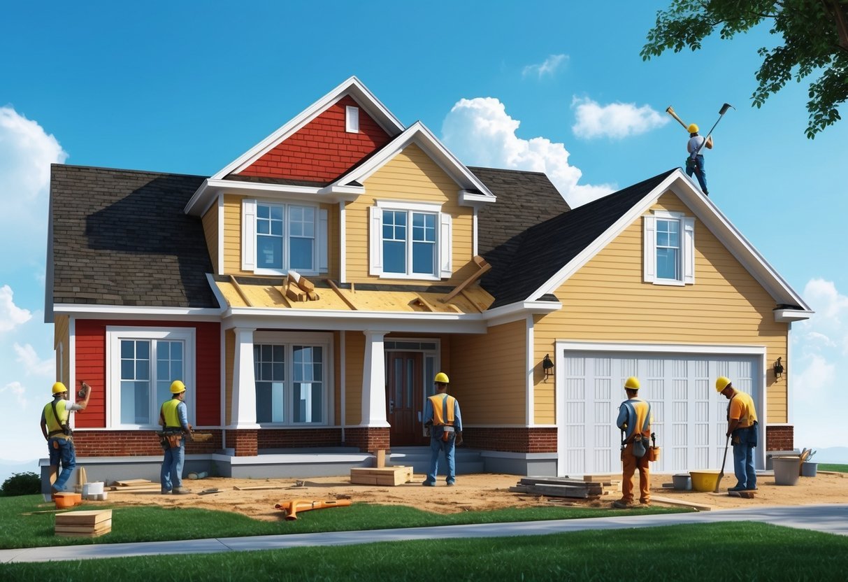 A house being renovated with construction workers and tools