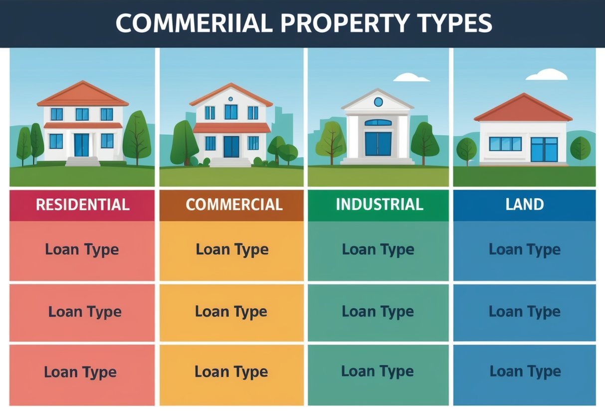 A table with four different property types, including residential, commercial, industrial, and land, each labeled with their respective loan type