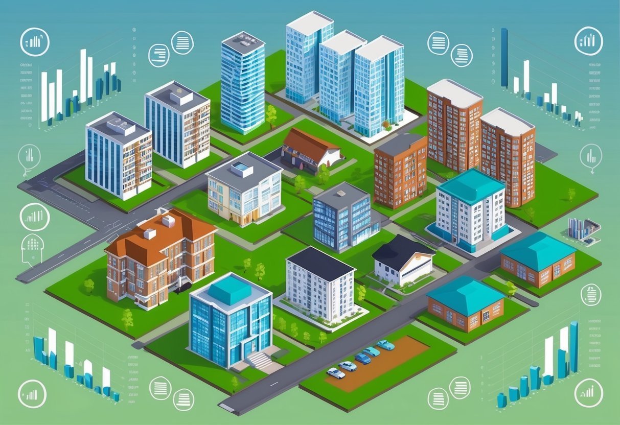 A diverse group of properties, including residential homes, apartment buildings, commercial spaces, and vacant land, surrounded by financial charts and graphs