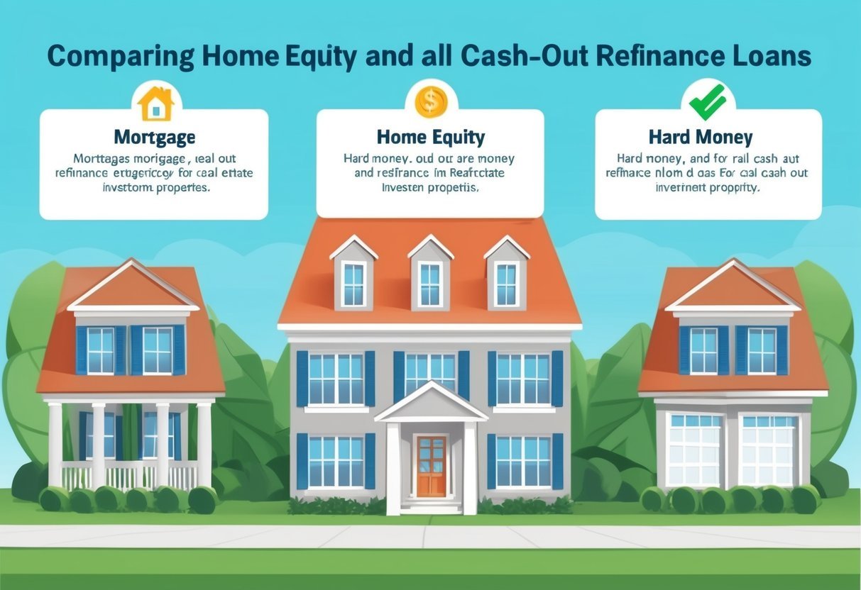 A person comparing mortgage, home equity, hard money, and cash-out refinance loans for real estate investment properties