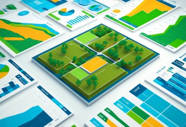 3D model of a land plot surrounded by various data charts and graphs