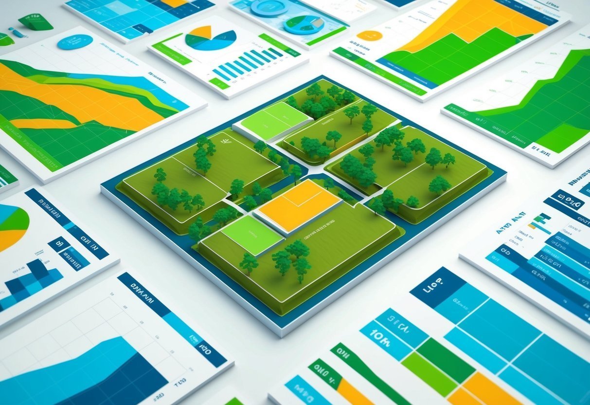 3D model of a land plot surrounded by various data charts and graphs