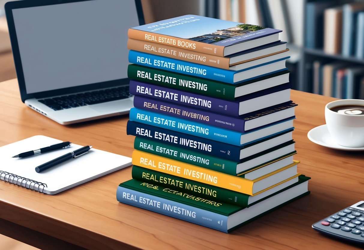 Stack of "Real Estate Investing" books next to laptop and coffee