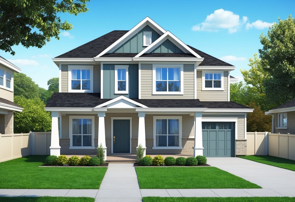 Two-story house with blue-green accents, black roof, and a green lawn