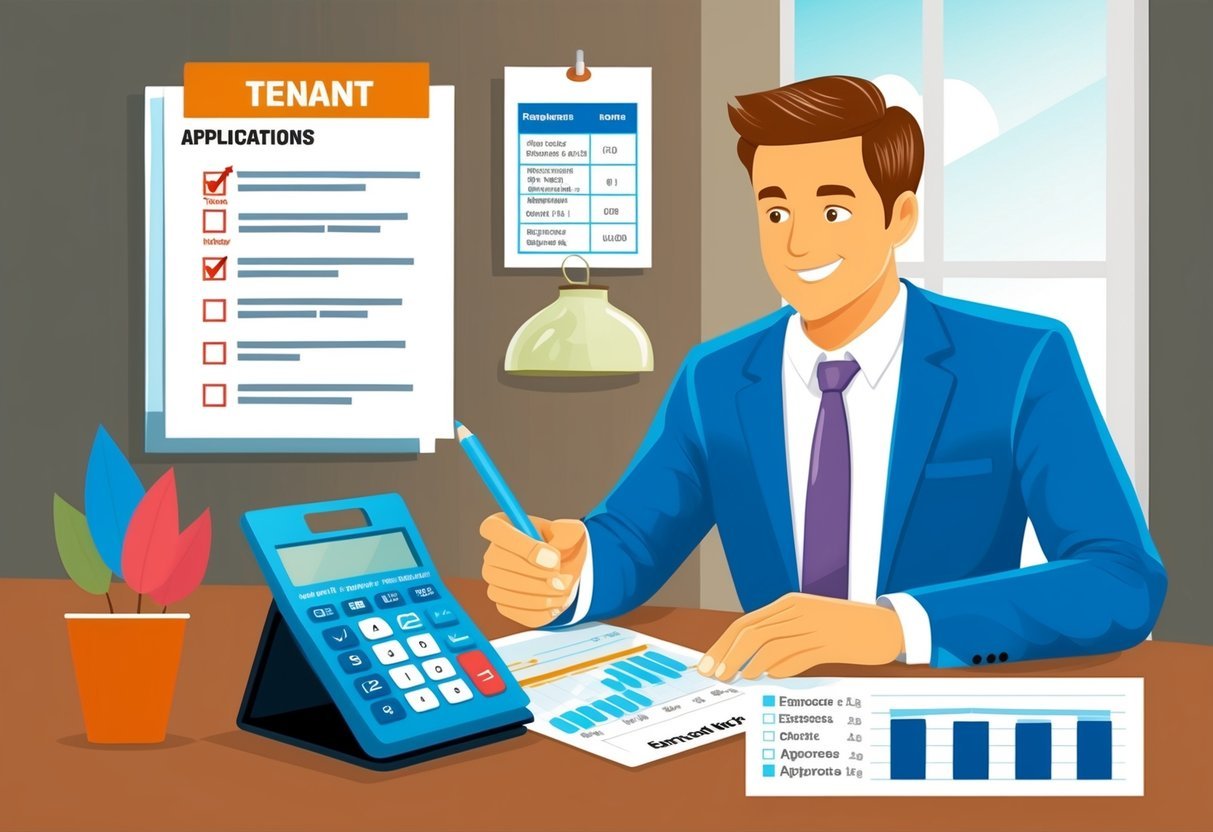 A landlord reviewing tenant applications with a checklist of criteria, a calculator for potential rental income, and a chart of projected expenses and profits