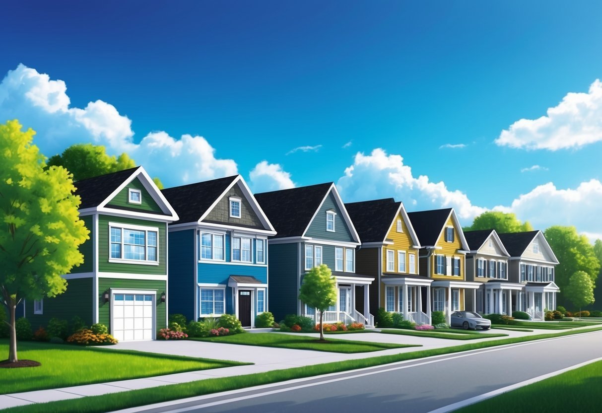 A row of diverse real estate properties, from residential to commercial, surrounded by vibrant greenery and clear blue skies, showcasing growth and potential