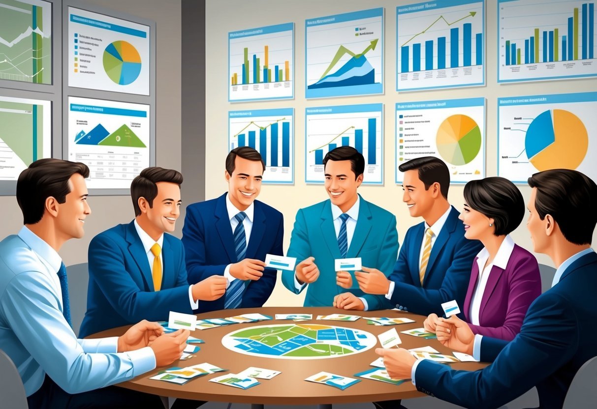 A group of investors gathered around a table, exchanging business cards and discussing real estate strategies.</p><p>Charts and graphs are displayed on the walls, showcasing various investment opportunities