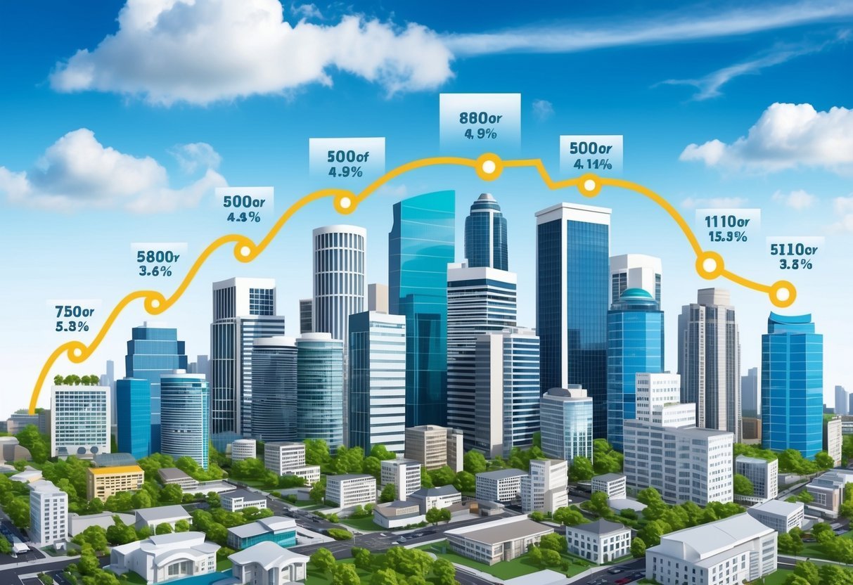 A bustling city skyline with various properties, each one growing in size and value, symbolizing the rapid expansion of a real estate portfolio through effective property management strategies