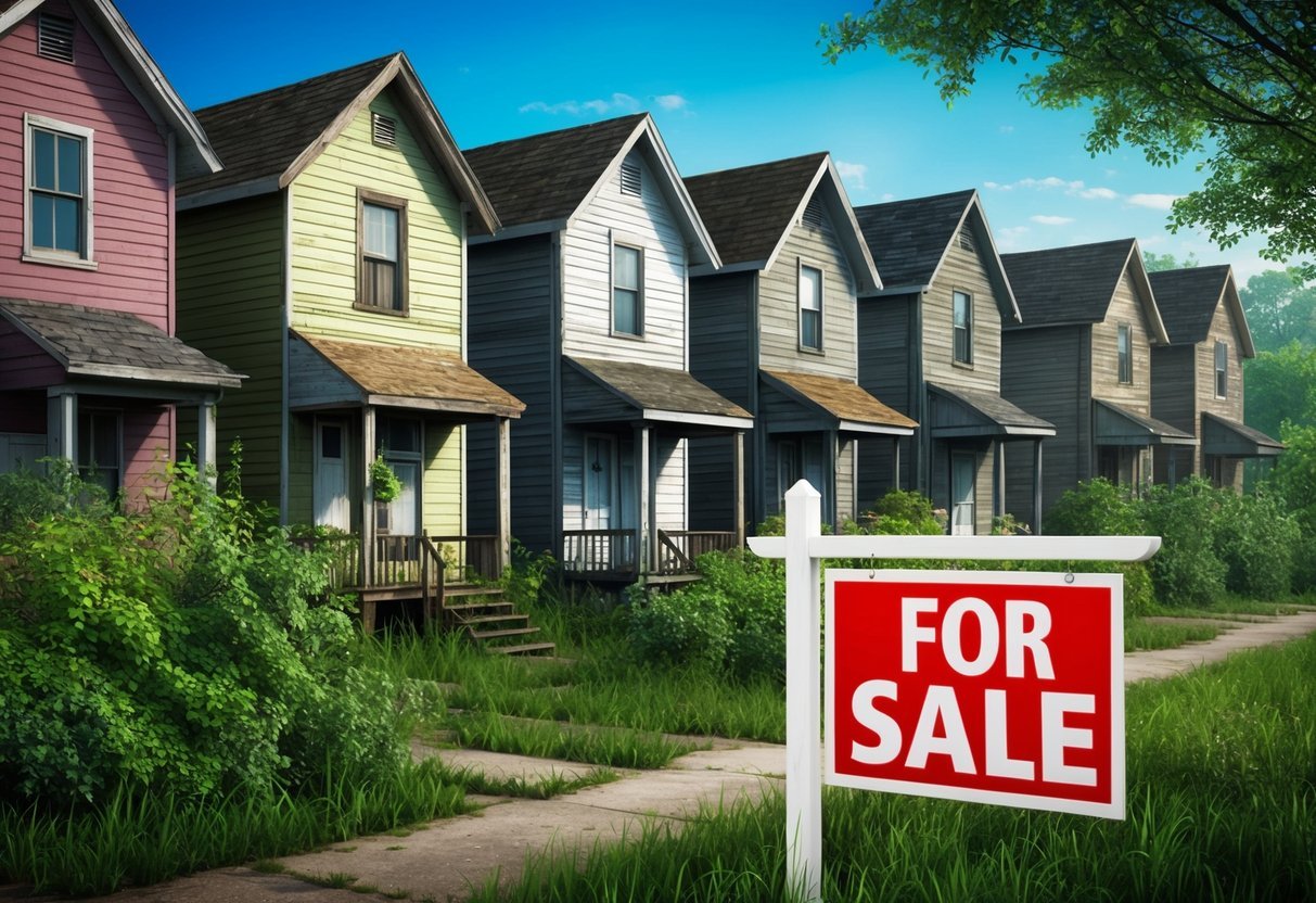 A row of neglected houses surrounded by overgrown vegetation, with a "for sale" sign in the foreground.</p><p>A few of the properties show signs of disrepair, while others have untapped potential