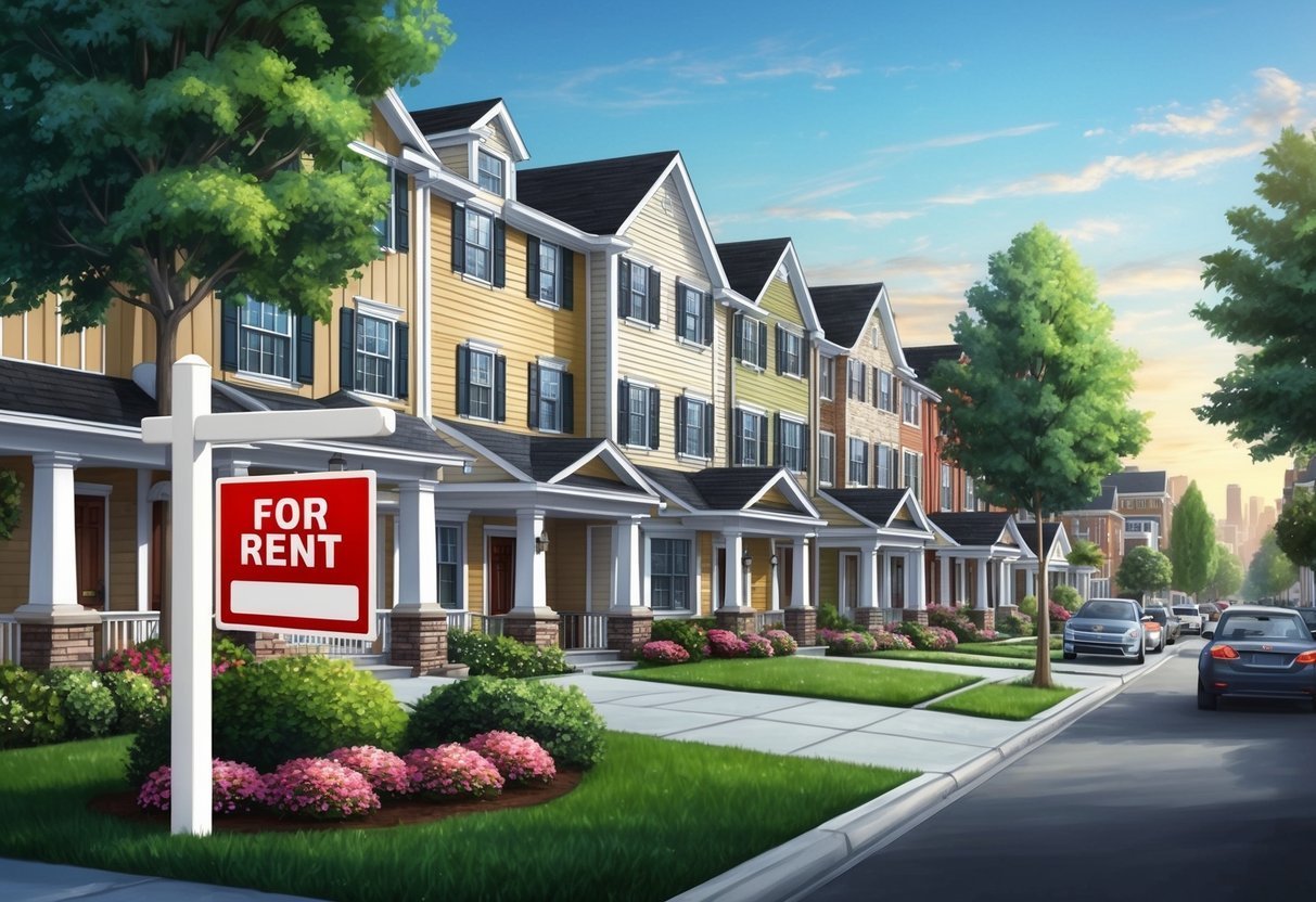 Row of colorful townhouses with "For Rent" sign in front