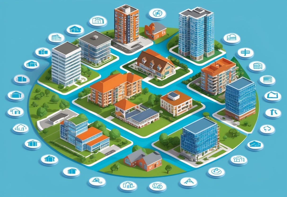 A diverse range of real estate properties, including residential homes, apartment buildings, and commercial spaces, surrounded by financial symbols and charts representing different financing options