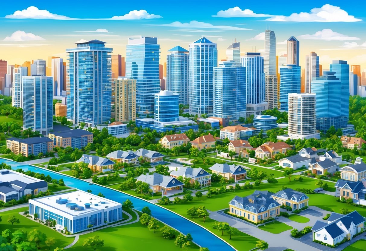 A bustling city skyline with various types of real estate properties, including high-rise buildings, suburban homes, and commercial spaces.</p><p>The scene is vibrant and dynamic, showcasing the diverse opportunities in the real estate market