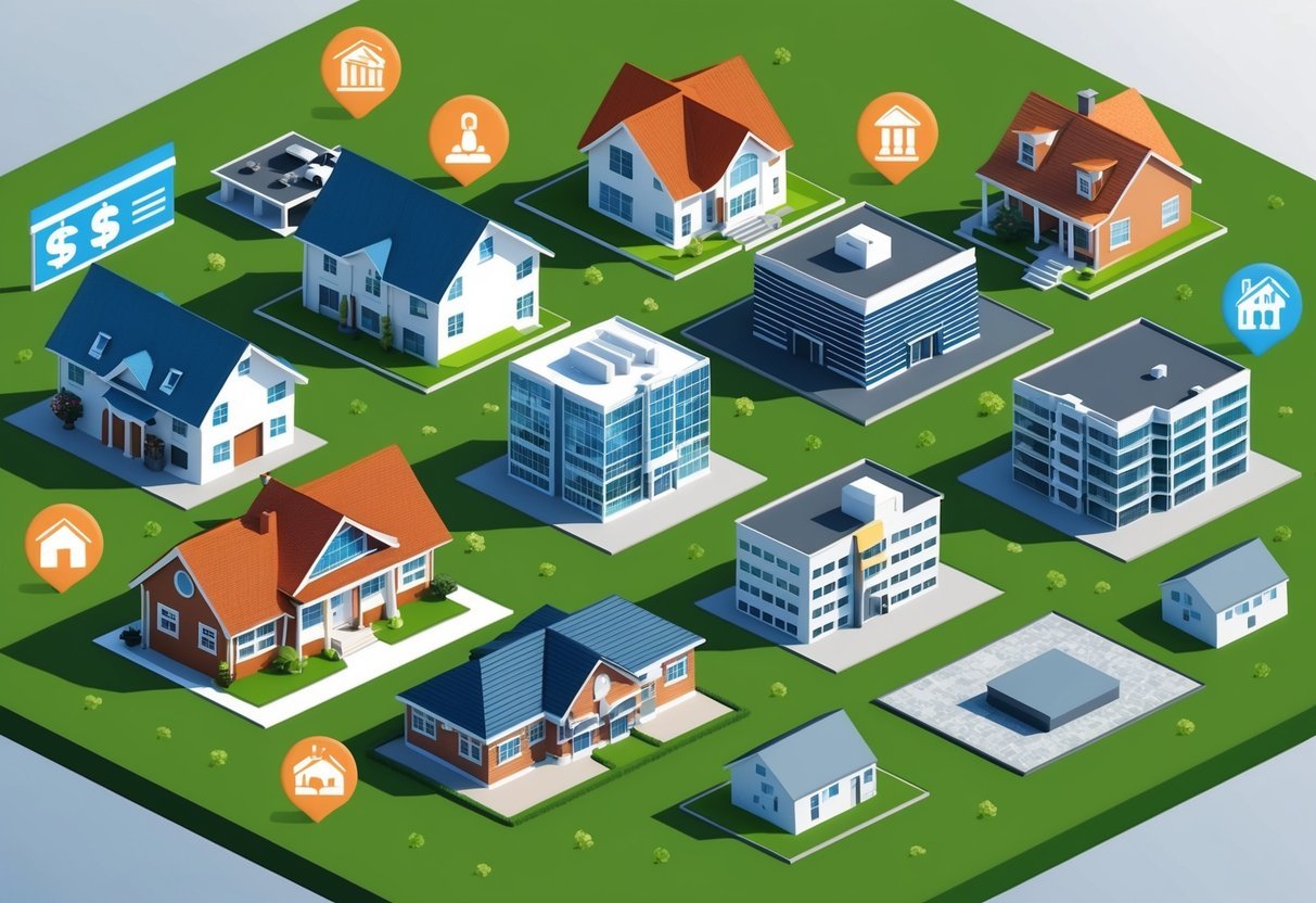 A diverse array of real estate properties, including residential homes, commercial buildings, and vacant land, surrounded by financial icons and symbols representing various financing options