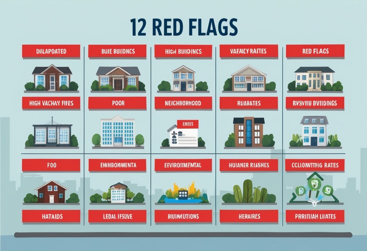 Infographic of 12 red flags, each with a house illustration and a title