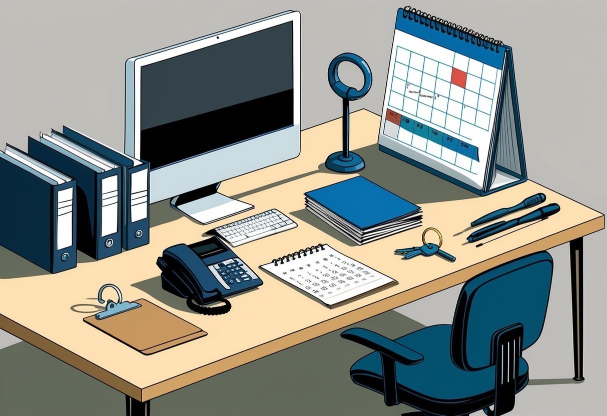 Office desk with computer, calendar, phone, and office supplies