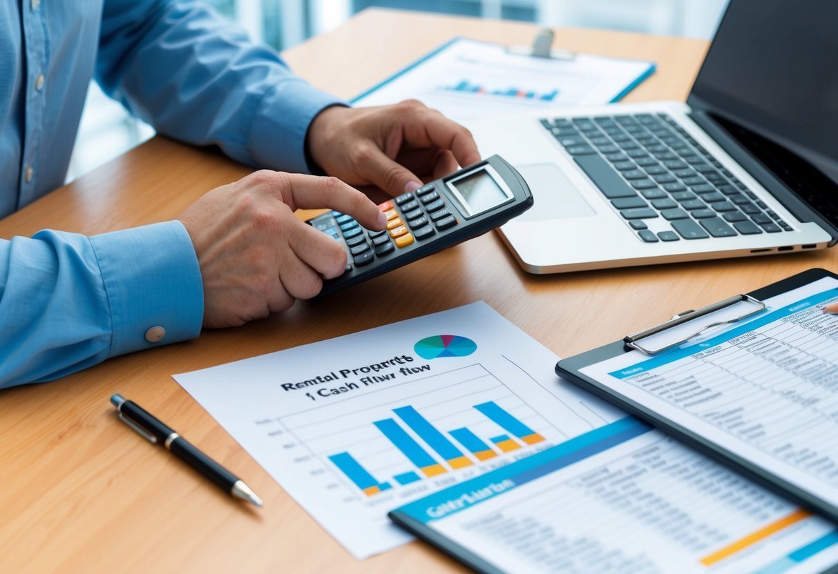 Person using a calculator with financial documents and a laptop on a desk