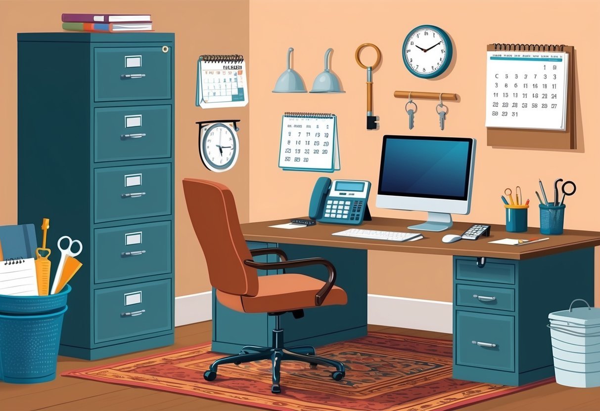 A cozy office with a desk, computer, phone, filing cabinet, calendar, calculator, keys, clipboard, and maintenance tools