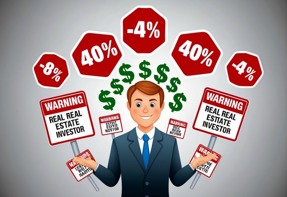 A real estate investor surrounded by warning signs, with dollar signs and percentage symbols floating above their head