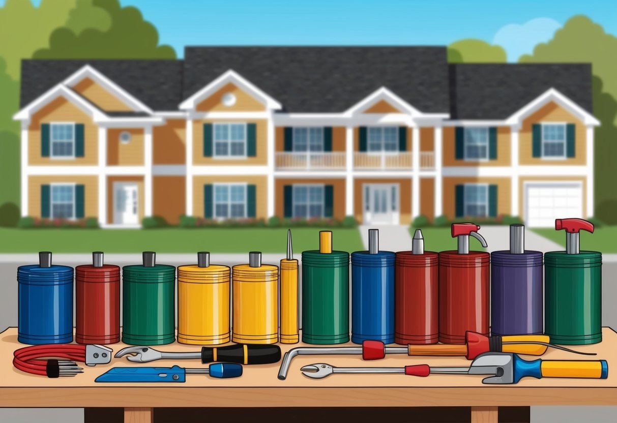 A row of colorful, neatly organized tools and equipment on a workbench, with a large rental property in the background