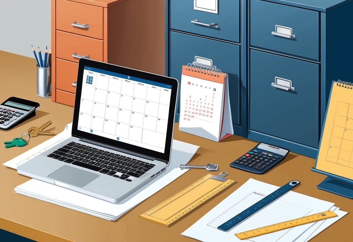 A desk with a laptop, phone, calendar, keys, and paperwork.</p><p>A filing cabinet, clipboard, ruler, and calculator sit nearby