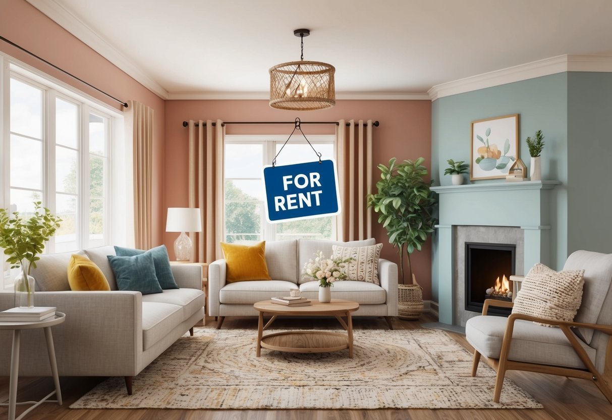 Living room with "For Rent" sign, fireplace, and modern furniture