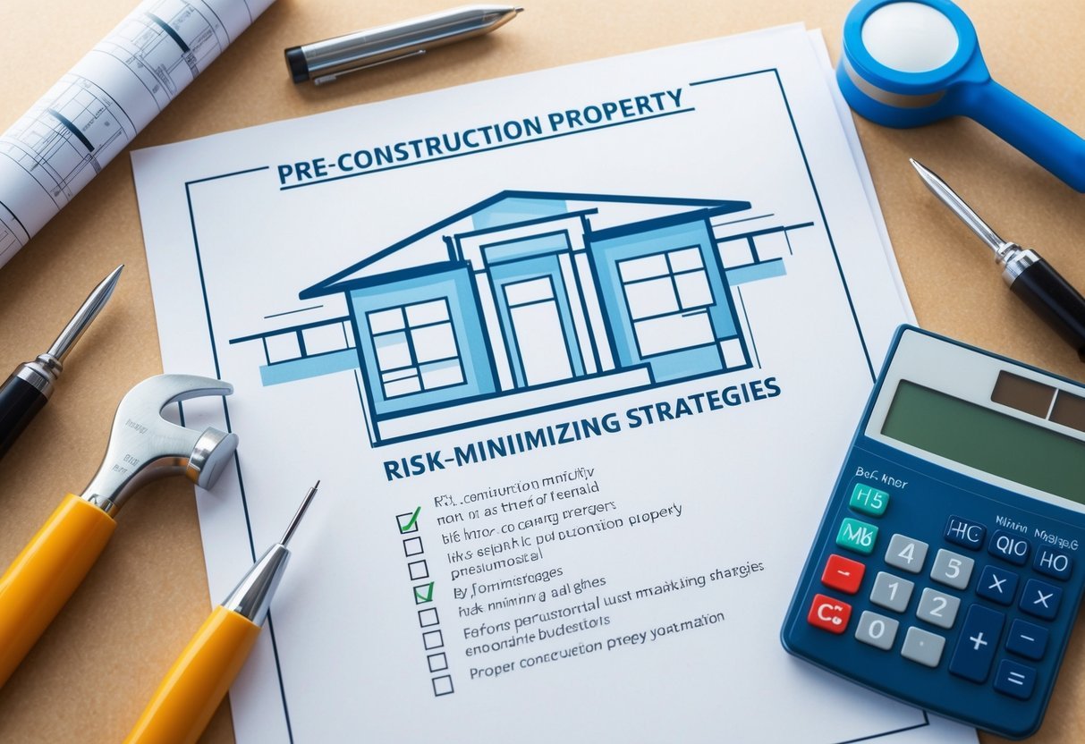 A blueprint of a pre-construction property with a checklist of risk-minimizing strategies, surrounded by architectural tools and a calculator