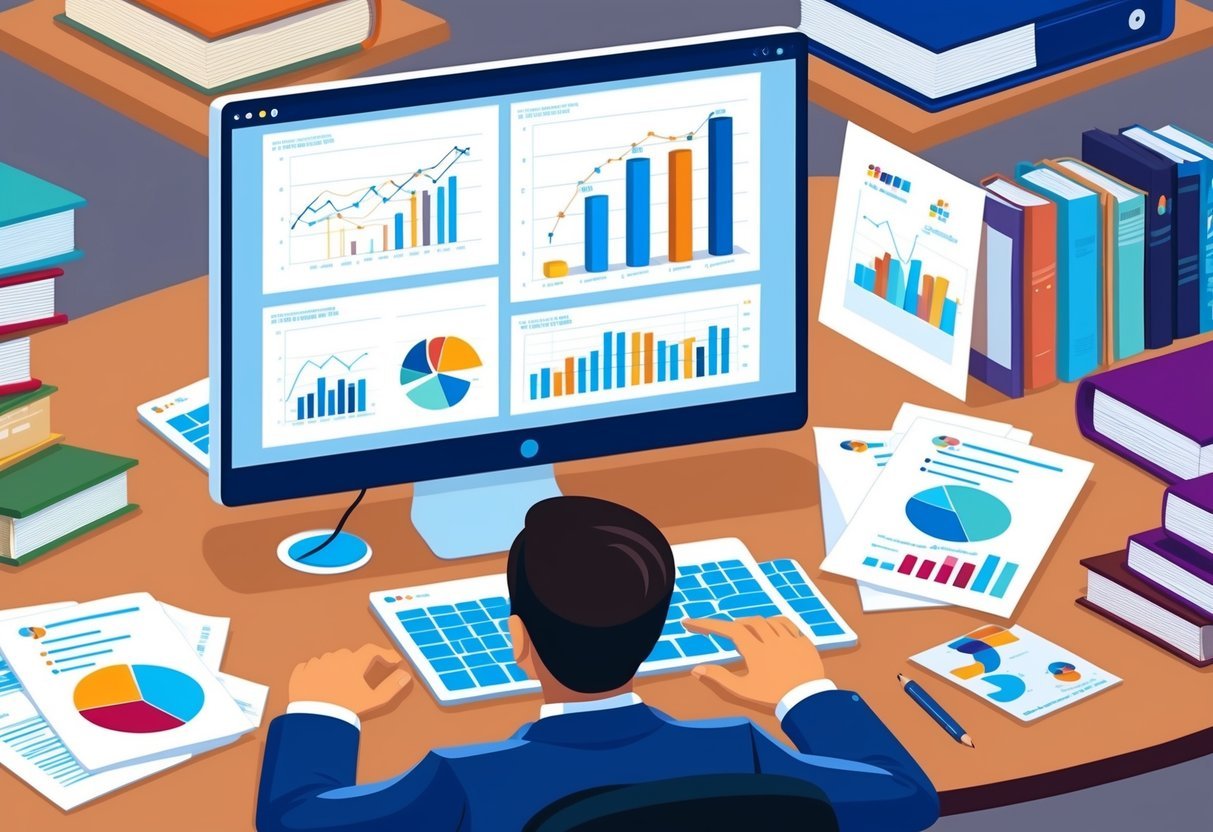 A person analyzing charts, graphs, and data on a computer screen surrounded by books and documents related to real estate and investment