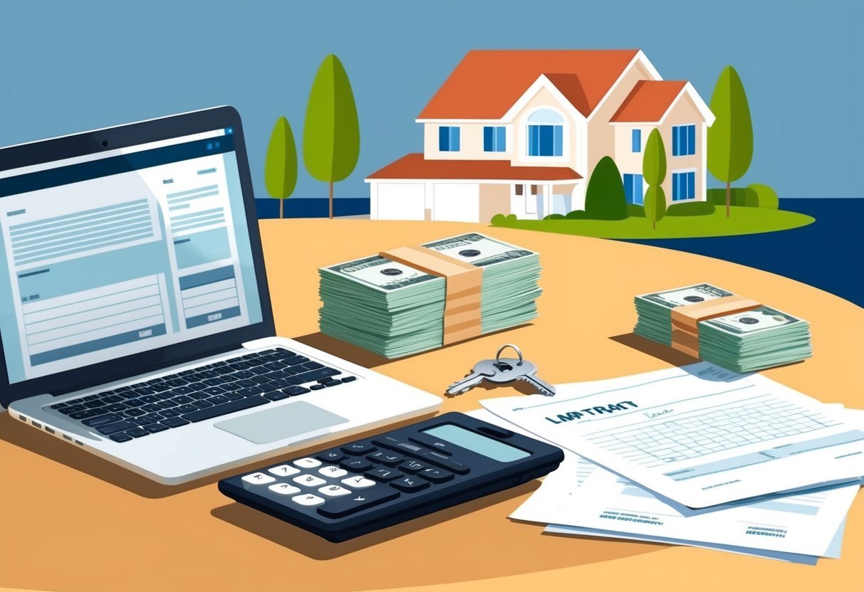 A table with a laptop, calculator, and paperwork.</p><p>A stack of money and keys on the table.</p><p>A house or property in the background