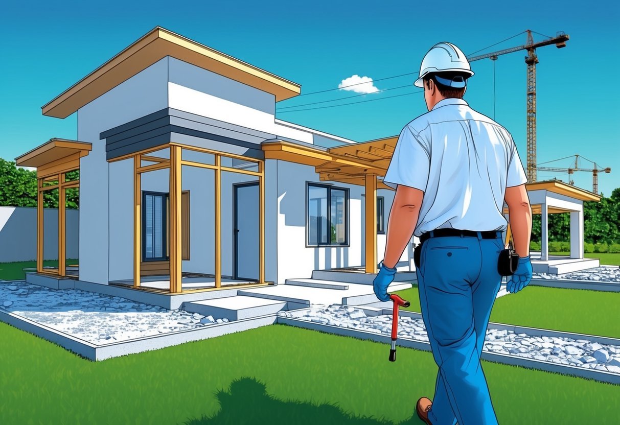 An inspector walking around a pre-construction property, checking the foundation, structure, utilities, and surrounding environment for potential risks