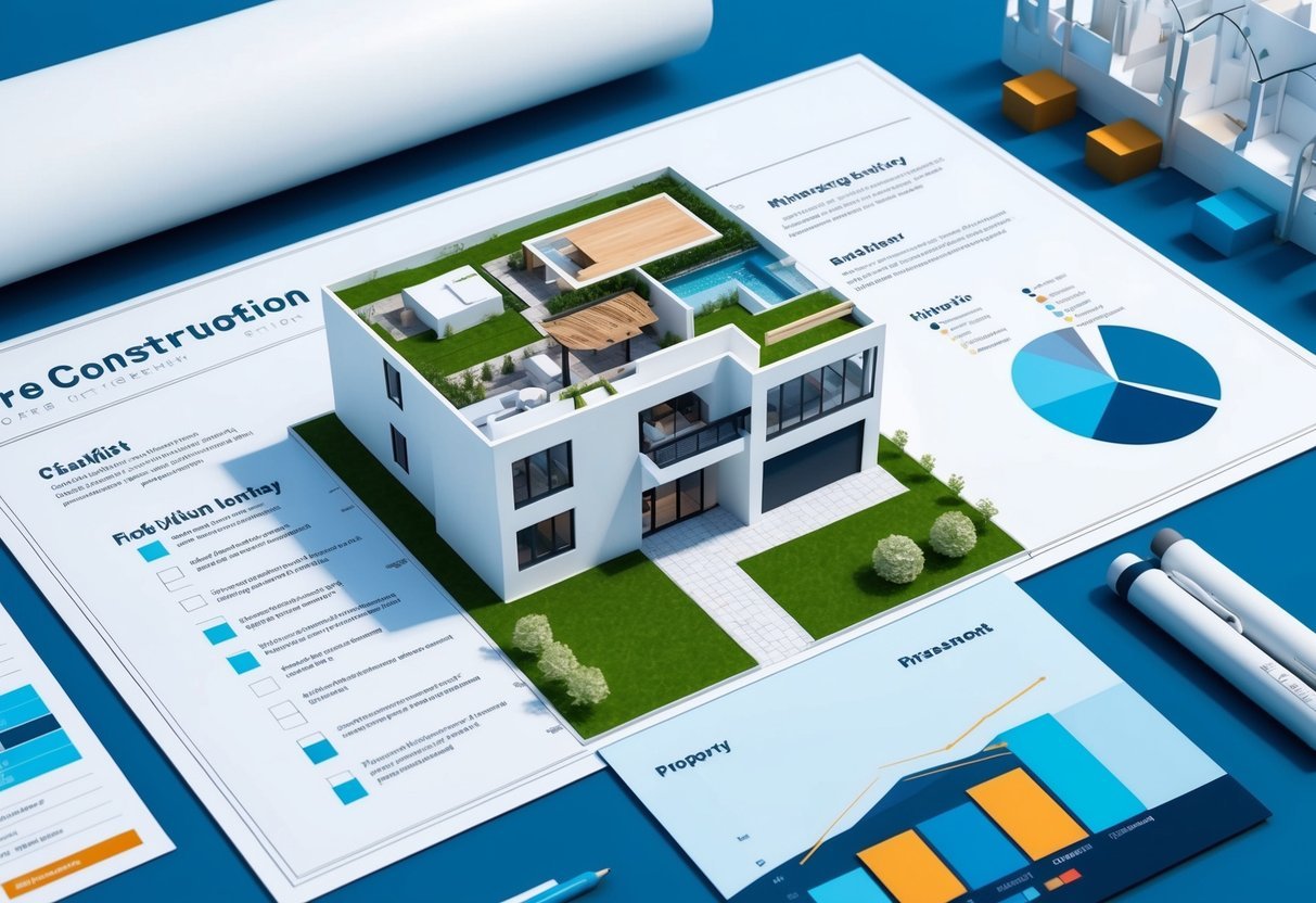 A blueprint of a modern pre-construction property with a checklist of risk-minimizing strategies alongside architectural plans and investment charts