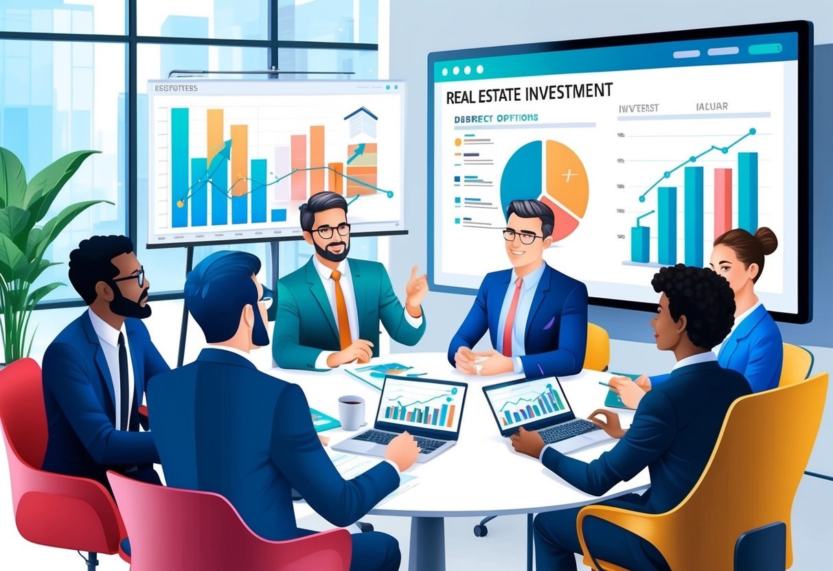 A diverse group of people discussing real estate investment options in a modern office setting with charts and graphs displayed on a large screen