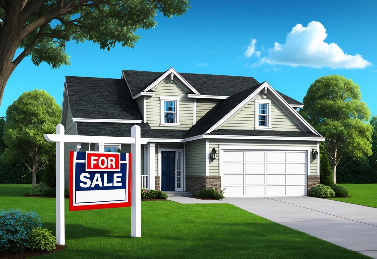 A house with a "For Sale" sign in the front yard, surrounded by trees and a clear blue sky