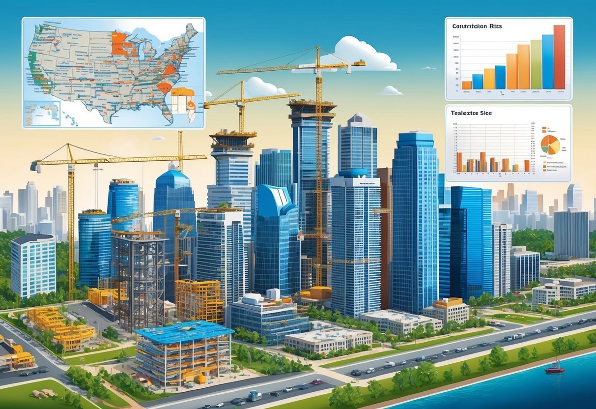 A bustling city skyline with construction sites, real estate graphs, and maps showing various locations