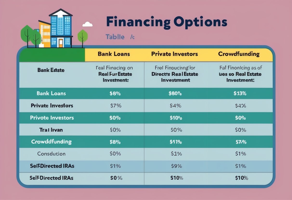 A table with various financing options for real estate investment, including bank loans, private investors, crowdfunding, and self-directed IRAs