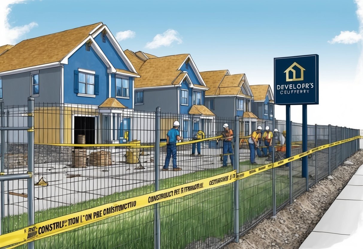 A construction site with a row of pre-construction properties, surrounded by a fence and caution tape.</p><p>A group of workers are busy at work, and a sign displaying the developer's logo is prominently displayed