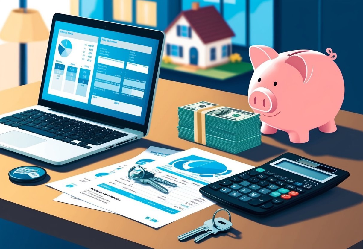 A table with a laptop, calculator, and financial documents.</p><p>A stack of money and keys on the table.</p><p>A house and a piggy bank in the background