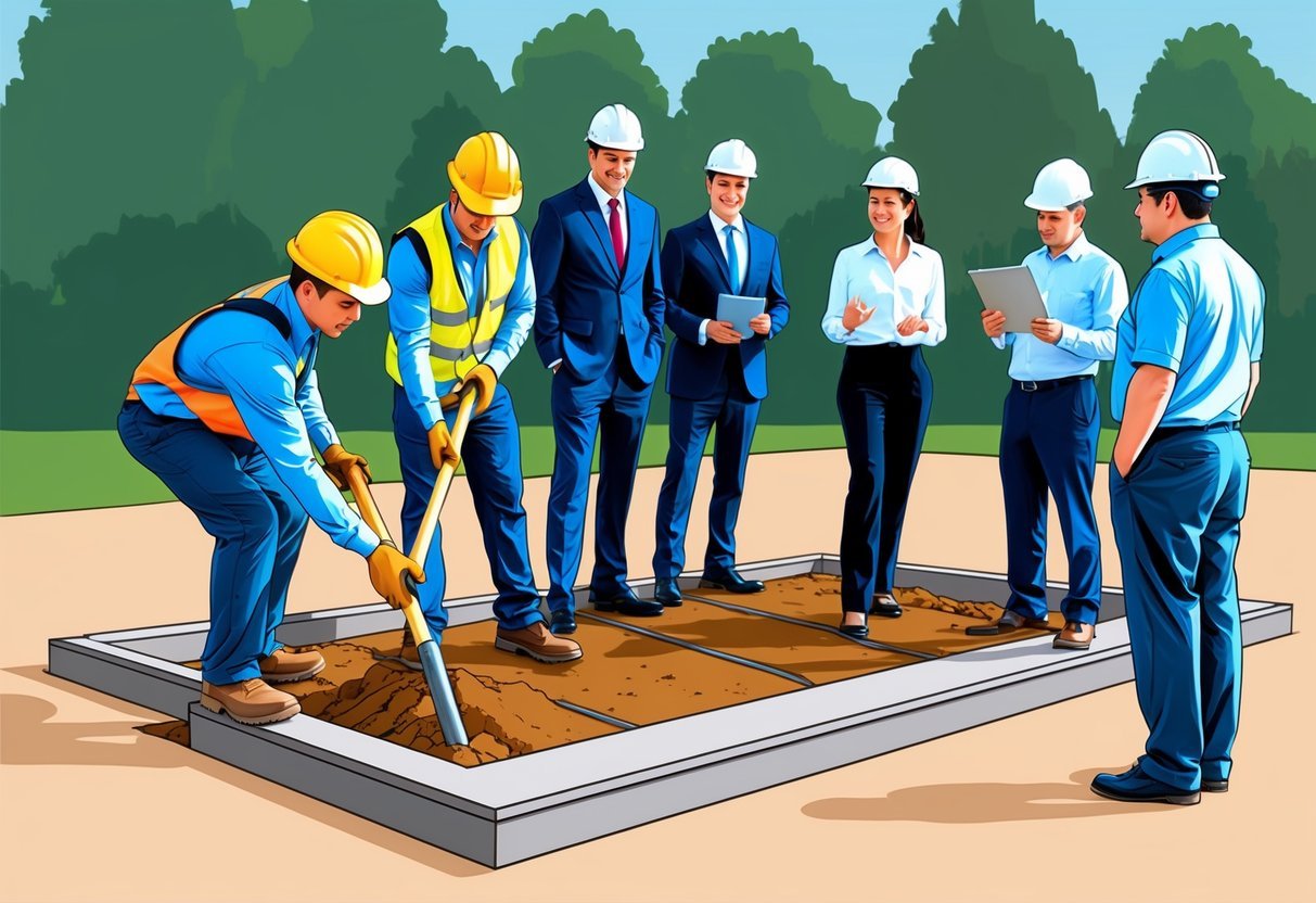 A group of construction workers carefully laying the foundation for a new property, while a team of investors looks on, discussing risk mitigation strategies
