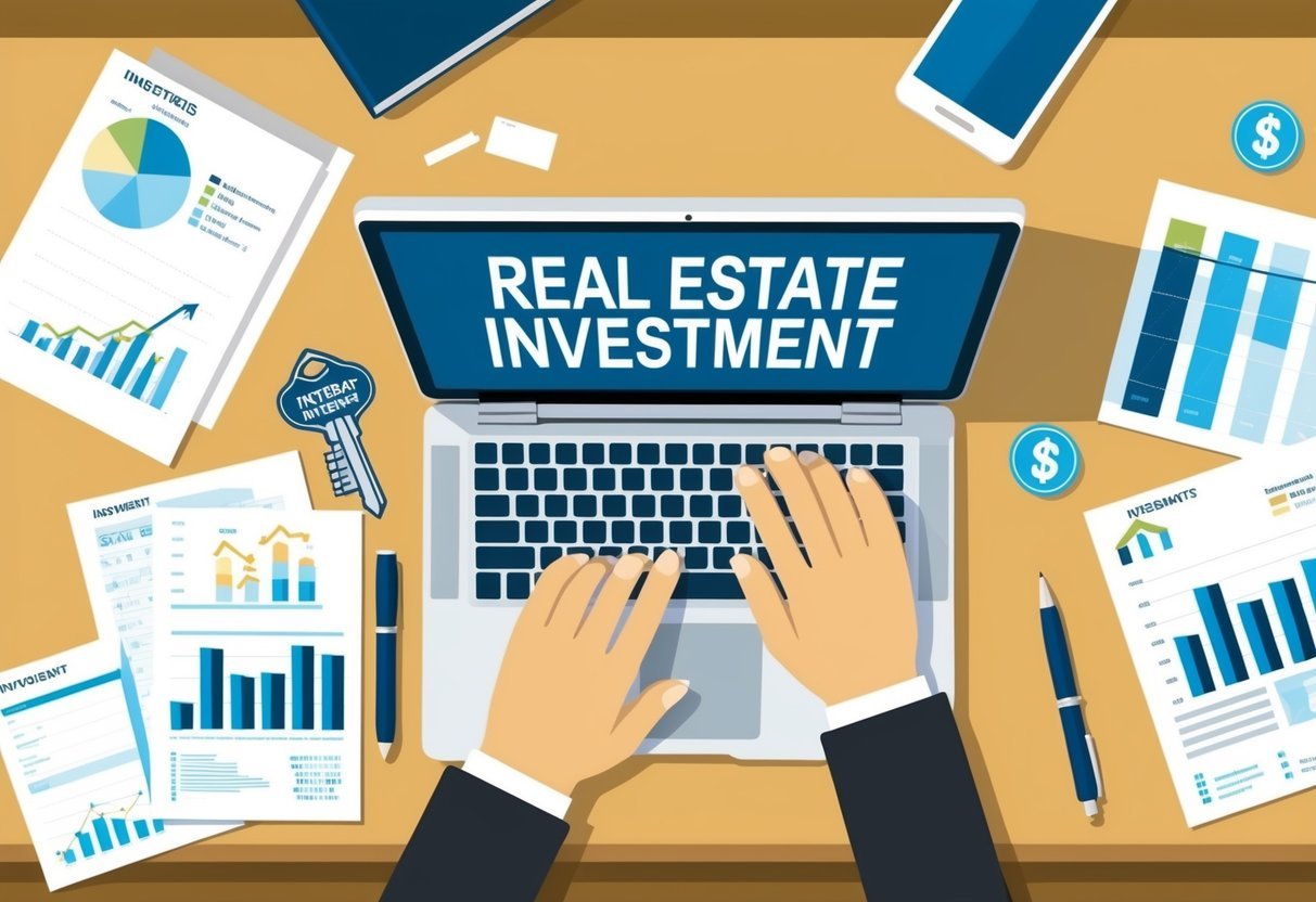 A table with a laptop, notebook, and pen surrounded by various financial documents and charts.</p><p>A key with "Real Estate Investment" written on it is prominently displayed