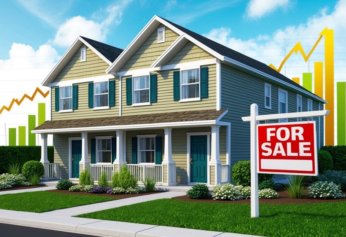 Two-story house for sale with "For Sale" sign and rising graph