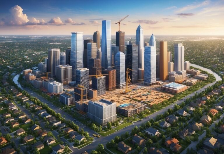 Aerial view of a modern city with skyscrapers and residential areas