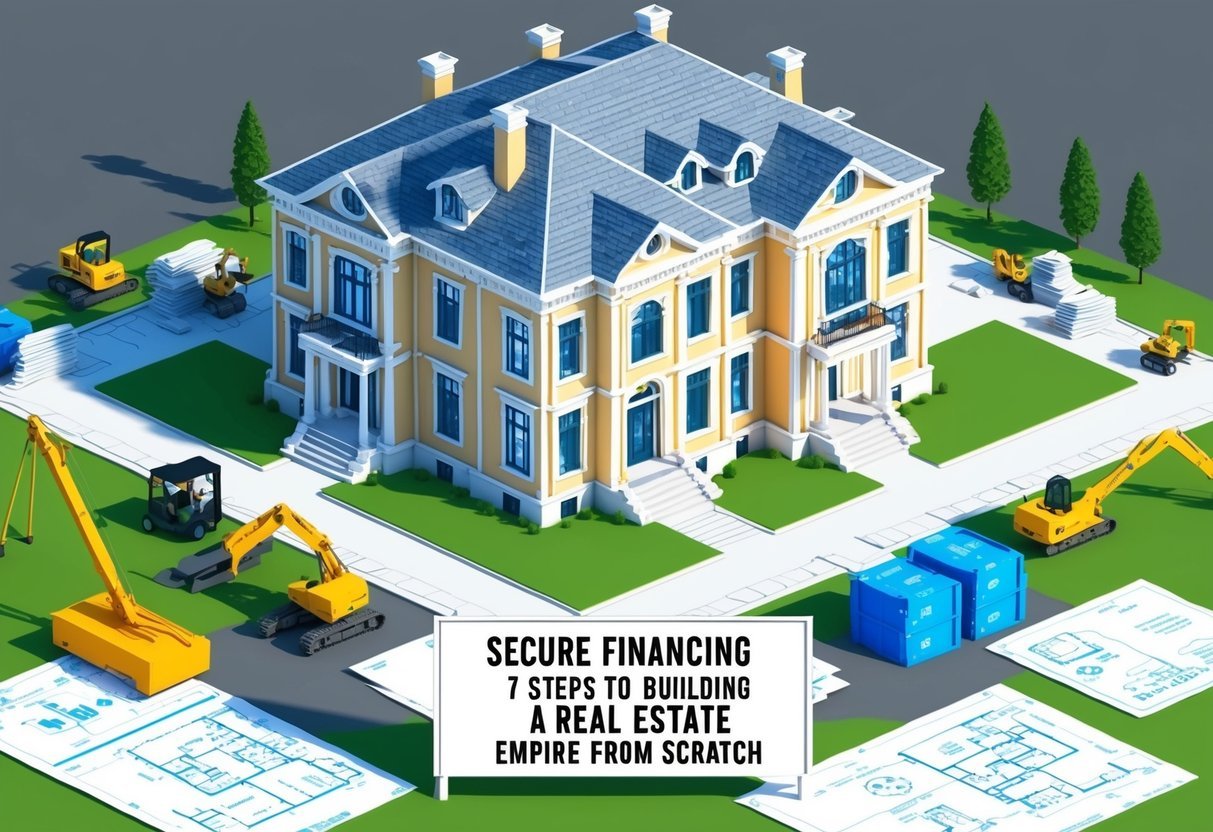 A grand mansion surrounded by construction equipment and blueprints, with a sign reading "Secure Financing 7 Steps to Building a Real Estate Empire from Scratch" prominently displayed