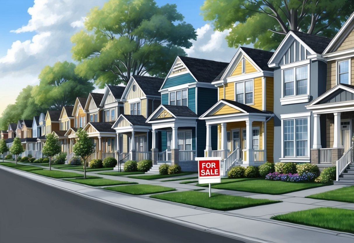 A row of single-family homes, each with a unique design and color, lined up along a tree-lined street, with a "For Sale" sign in front of one of the houses