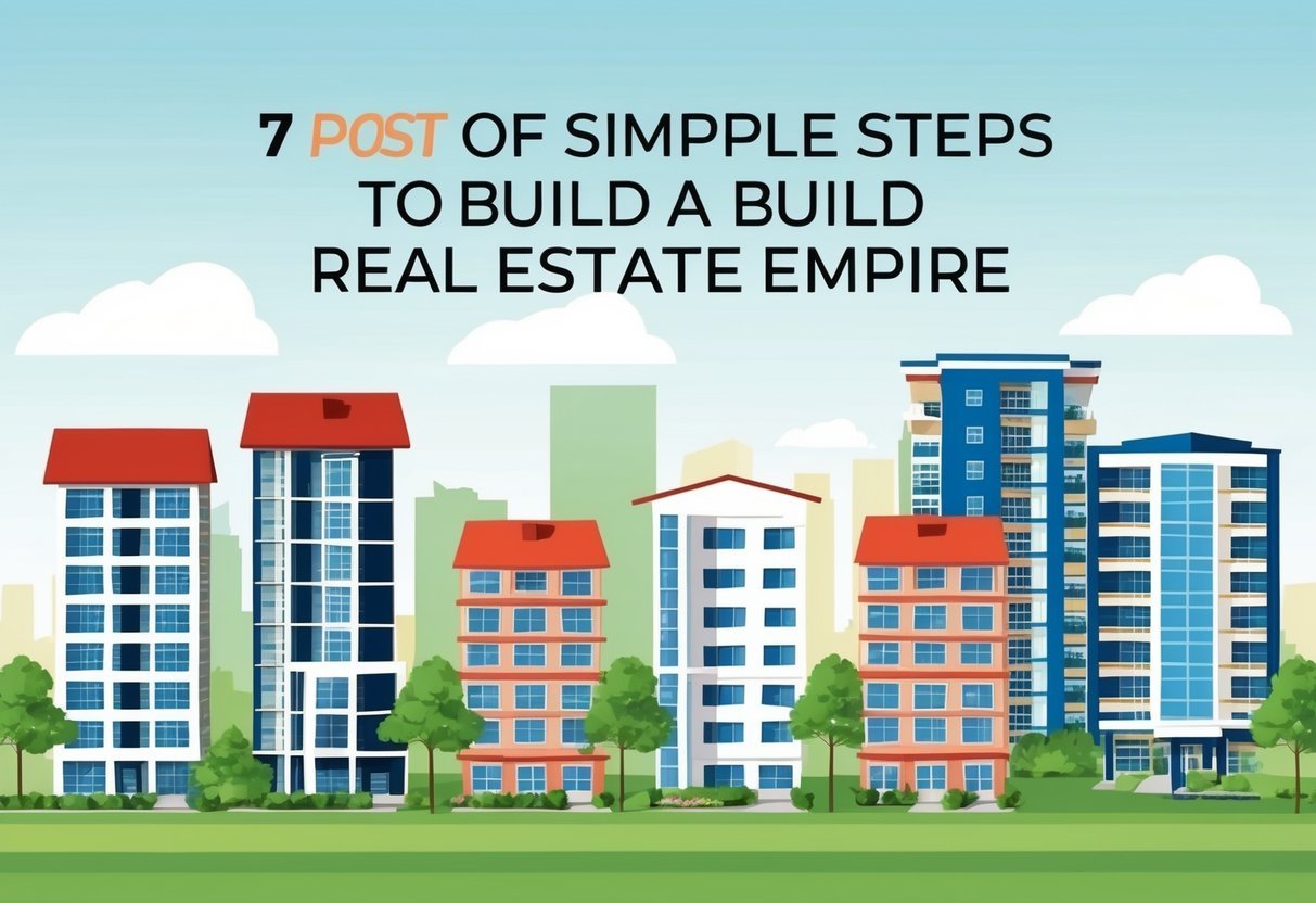 A series of seven simple steps to build a real estate empire, with various multi-family properties in the background, representing growth and success