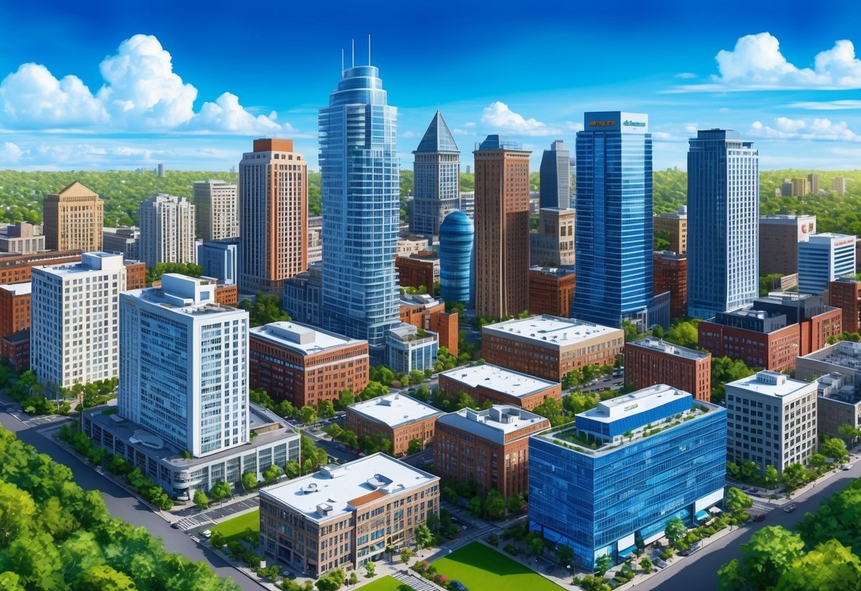 A bustling city skyline with various types of buildings, from high-rise apartments to commercial spaces, surrounded by greenery and clear blue skies