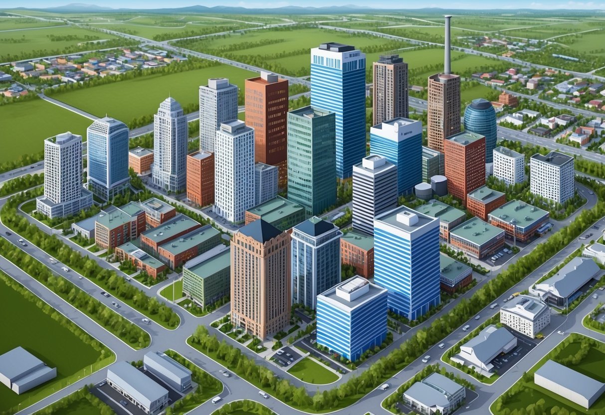 A city skyline with various types of buildings, including residential, commercial, and industrial properties, surrounded by a network of roads and green spaces